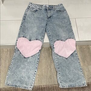 Chic Pink Heart Accent Women's Flare Jeans